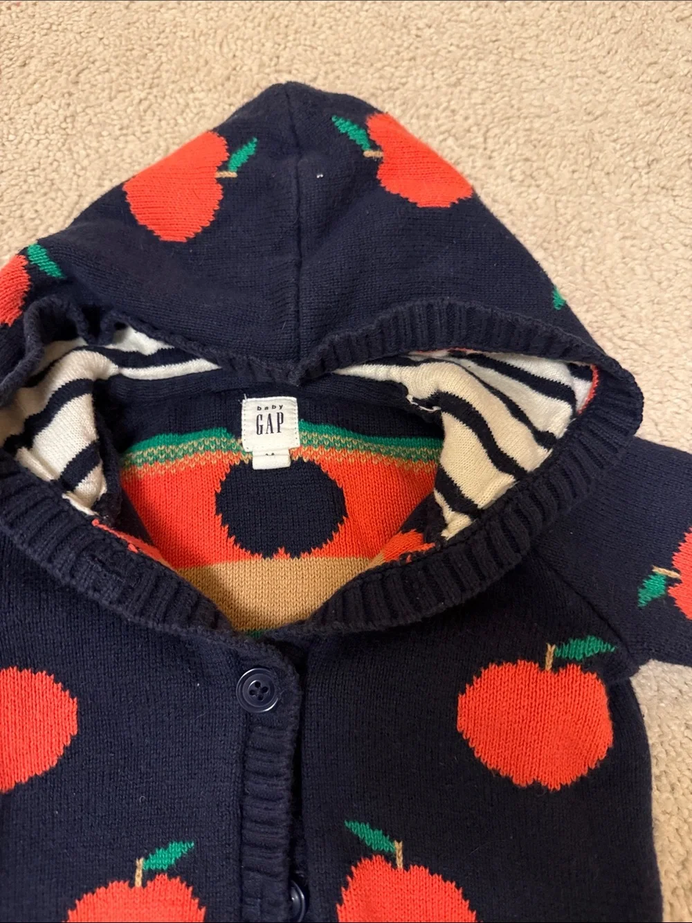 GAP Navy Hooded Cardigan with Red Apple Motif